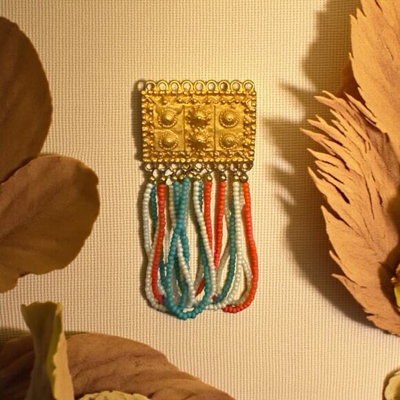 D. Terrell Ltd. Gold-toned rectangular pendant with beaded tassels-Multicolor - Picture 2 of 3